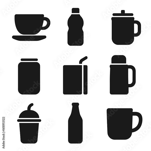 Beverage Icons Grid. Solid, filled icon set of beverage containers: coffee cup, tea cup, water bottle, soda can, juice box,
