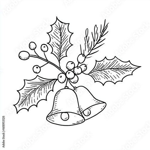 holly berry and bell drawing on white background
