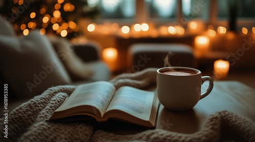 Cozy Evening With Book and Warm Beverage in Softly Lit Room