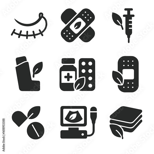 Biodegradable Medical Icons. Solid, filled icon set of biodegradable medical tech: dissolvable suture, bio-based bandage,