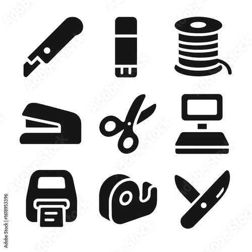 Biodegradable Packaging Icons. Solid, filled icon set of biodegradable packaging tools: paper cutter, glue stick, string spool,