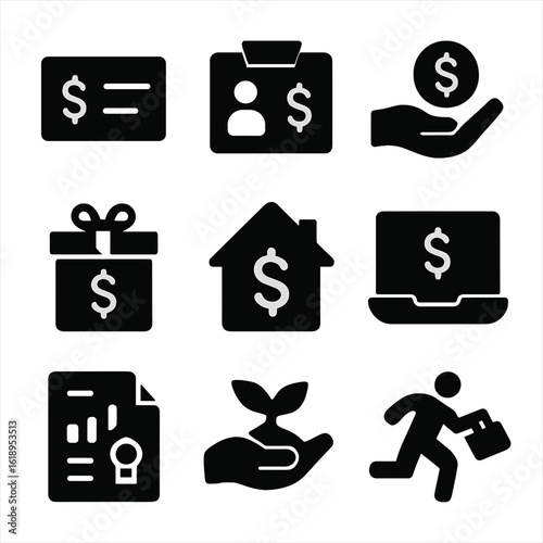 Black Icon Grid. Solid, filled icon set of gym workout: barbell, squat rack, gym floor, dumbbells, weight plates, weight bench,