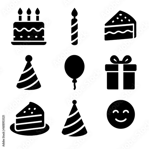 Black Icon Grid. Solid, filled icon set of birthday cake with candles: cake, birthday candles, frosting, sprinkles, cake slice,