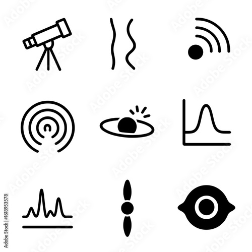 Black Hole Observation Icons. Solid, filled icon set of Black hole observations: telescope, X-ray emission, radio waves,