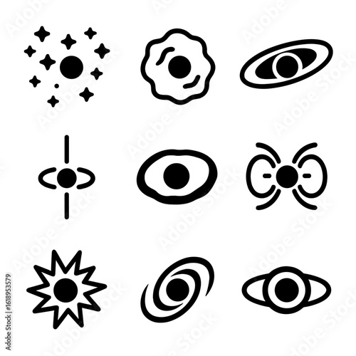 Black Hole Icon Set. Solid, filled icon set of Black hole environments: star cluster, gas cloud, accretion disk, jet streams, dust