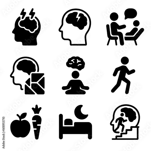Brain Stimulation Icons. Solid, filled icon set of brain stimulation and recovery: electric stimulation, brain injury, therapy,