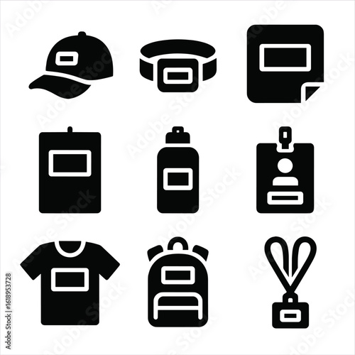 Branded Promotional Icons. Solid, filled icon set of sponsorship promotional items: branded cap, wristband, sticker, poster, water