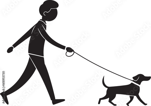 Stylized Silhouette of Man Walking Dog on Leash Against White Background