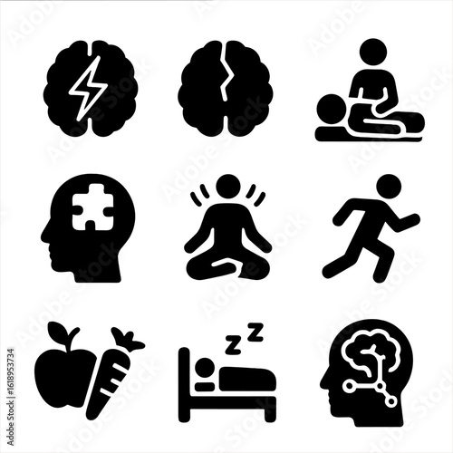 Brain Stimulation Icons. Solid, filled icon set of brain stimulation and recovery: electric stimulation, brain injury, therapy,