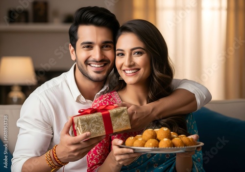 Happy Indian brother and sister Holding Raksha Bandhan Gift Box Indoors