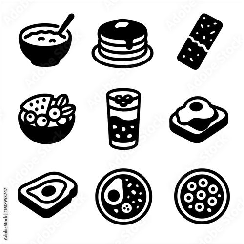 Breakfast Icon Set. Solid, filled icon set of breakfast favorites: oatmeal bowl, pancake stack, granola bar, fruit salad, yogurt