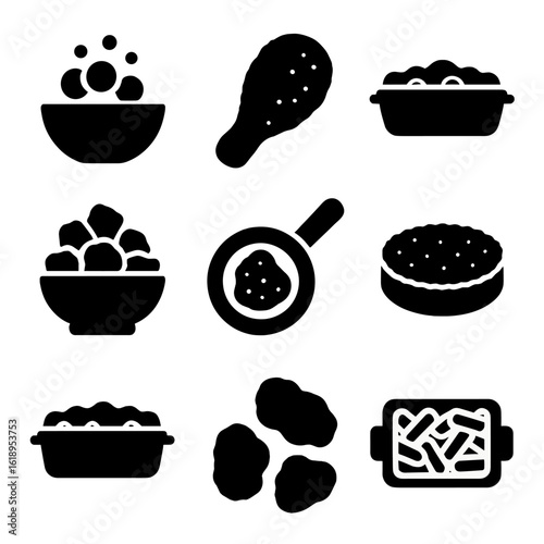 Breadcrumbs Icons Grid. Solid, filled icon set of breadcrumb uses in cooking: meatball mix, breaded cutlet, casserole topping,