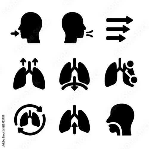 Breathing Process Icons. Solid, filled icon set of breathing process: inhale icon, exhale icon, air flow arrows, expanding lungs,