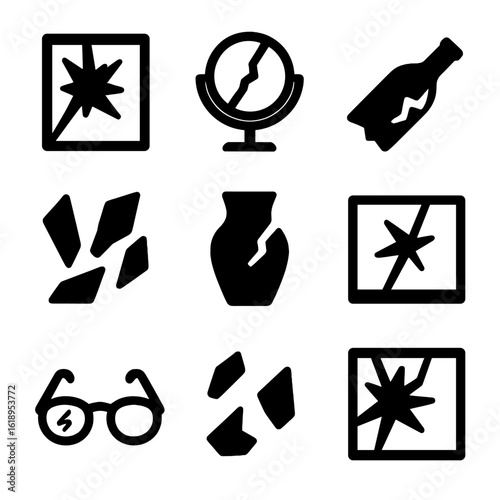 Broken Glass Icons. Solid, filled icon set of broken glass: shattered window, cracked mirror, broken bottle, glass shards,