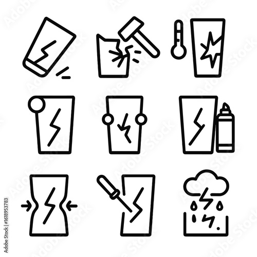 Broken Glass Causes Icons. Solid, filled icon set of causes of broken glass: accidental drop, strong impact, thermal shock,