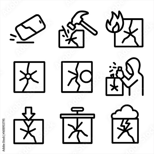 Broken Glass Causes Icons. Solid, filled icon set of causes of broken glass: accidental drop, strong impact, thermal shock,