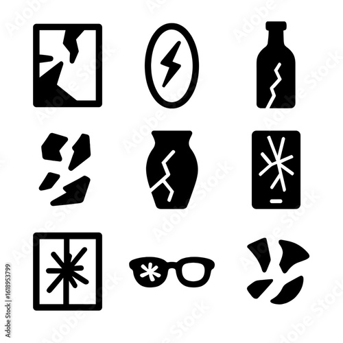 Broken Glass Icons. Solid, filled icon set of broken glass: shattered window, cracked mirror, broken bottle, glass shards,