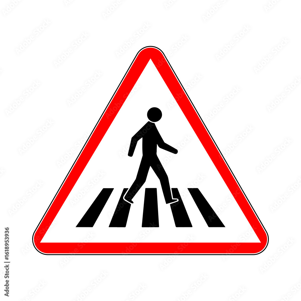Symbolic Road Sign Illustration: Pedestrian Crossing Warning with Bold Red Border on Clear White Background Symbolic Road Sign Illustration: Pedestrian Crossing Warning with Bold Red Border on Clear White Background