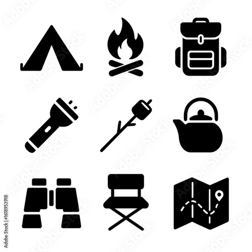 Camping Essentials Icons. Solid, filled icon set of camping night essentials: tent, campfire, backpack, flashlight, marshmallow,