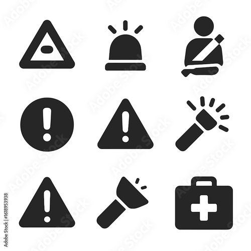 Car Emergency Icons. Solid, filled icon set of car emergency signals: hazard lights, siren, seatbelt reminder, emergency brake,