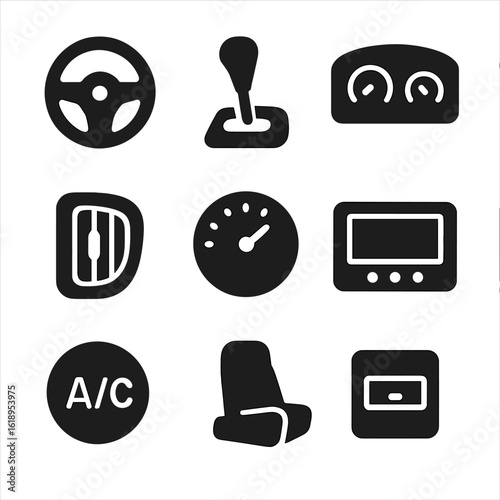 Car Interior Icons. Solid, filled icon set of car interior controls: steering wheel, gear shift, dashboard, car seat, air vent,