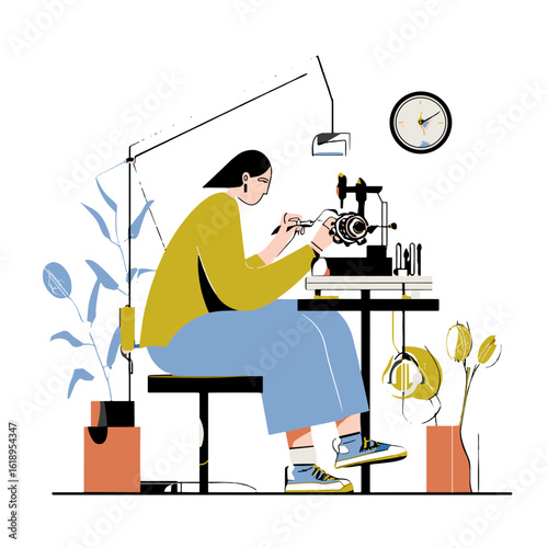 A craftswoman diligently working on a machine in a workshop.