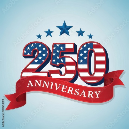 Vector illustration of 250 anniversary text with american flag pattern and stars on a light blue background