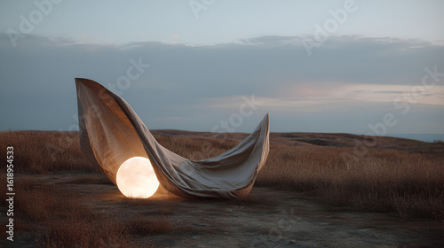 Glowing sphere under draped fabric in a field, creating a magical and serene atmosphere. Dusk lighting.