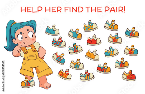 Find the Pair. Fun matching game for kids. A girl is missing one shoe can you find the matching sneaker Great for attention and visual discrimination activities. Educational game for children
