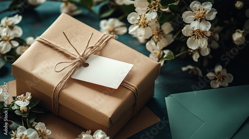Gift Wrapped in Brown Paper With Flowers and an Envelope on a Blue Table