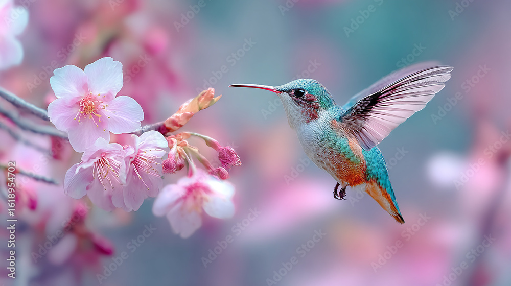 Fototapeta premium Capture the magic of nature with a vibrant hummingbird feeding on beautiful cherry blossoms in spring