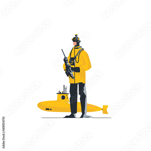 A marine soldier standing confidently by a yellow submarine.
