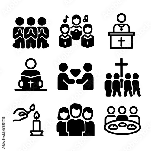 Catholic Community Icons. Solid, filled icon set of Catholic community activities: group prayer, choir singing, Sunday mass, Bible