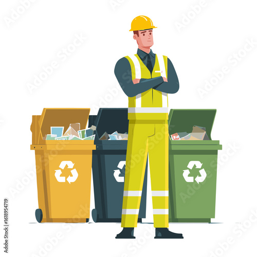 A worker standing in front of waste sorting bins, a recycling concept.