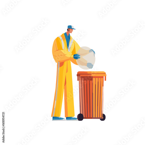A garbage man throwing a plastic bag into a waste container.