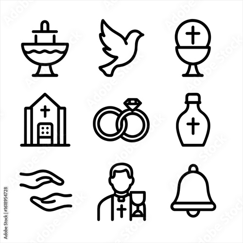Catholic Sacraments Icons. Solid, filled icon set of Catholic sacraments: baptismal font, confirmation dove, Eucharist host,