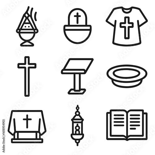 Church Service Icon Set. Solid, filled icon set of Church service objects: incense burner, holy water font, vestments,