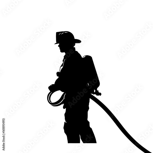 A silhouette of a firefighter in action with hose.