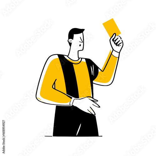 A referee holding a yellow card, a symbol of penalty in the game.