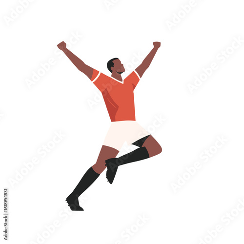 A Soccer player celebrating his win with uplifted arms.