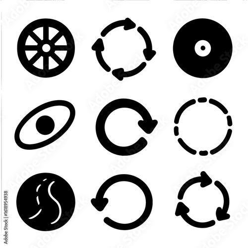 Circular Movement Icons. Solid, filled icon set of circular movement: rotating wheel, circle arrows, spinning disc, orbit,