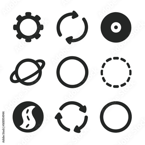 Circular Movement Icons. Solid, filled icon set of circular movement: rotating wheel, circle arrows, spinning disc, orbit,