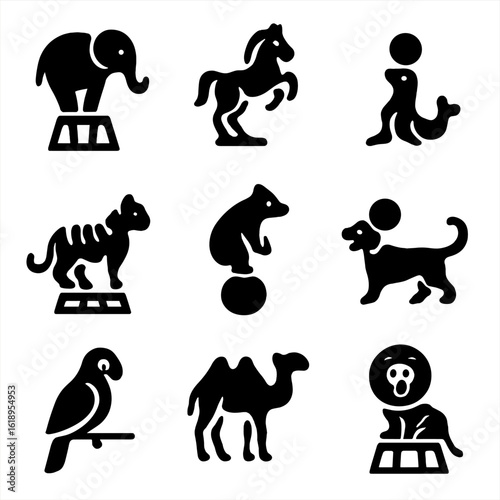 Circus Animal Icons. Solid, filled icon set of circus animal acts: elephant, horse, seal, tiger, bear, dog, parrot, camel, lion.