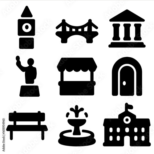 City Landmark Icons. Solid, filled icon set of city sights and landmarks: clock tower, bridge, museum, statue, street market,
