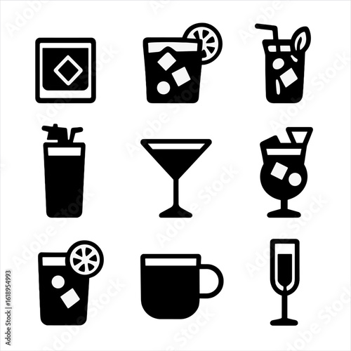 Classic Cocktails Icons. Solid, filled icon set of classic cocktails: negroni, gin and tonic, mojito, bloody mary, espresso