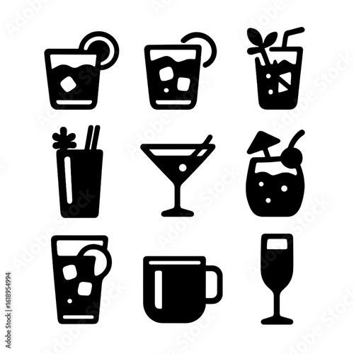 Classic Cocktails Icons. Solid, filled icon set of classic cocktails: negroni, gin and tonic, mojito, bloody mary, espresso