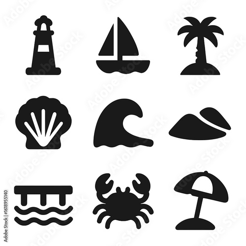 Coastal Icon Set. Solid, filled icon set of coastal landscape: lighthouse, sailboat, palm tree, seashell, wave, sand dune, pier,