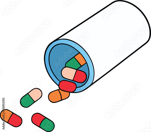 Transparent pill bottle with a colorful assortment of spilled medication capsules