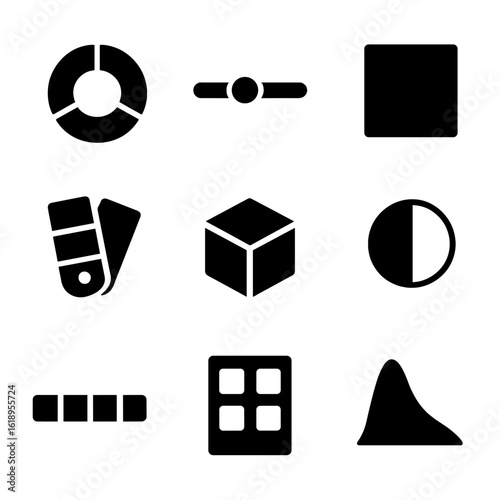 Color Theory Icons. Solid, filled icon set of color theory concepts: color wheel, hue slider, gradient square, tint palette, shade
