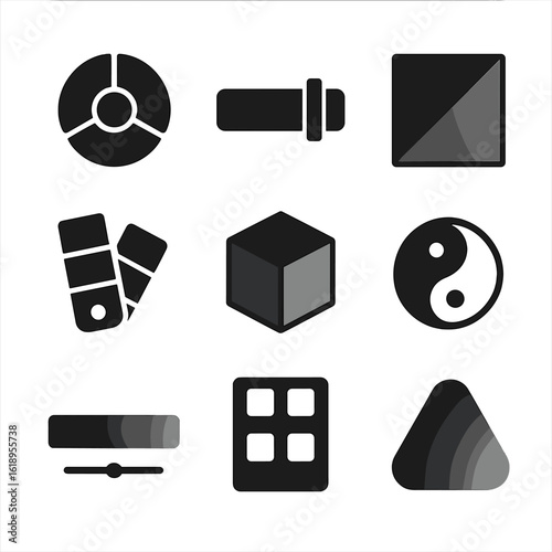 Color Theory Icons. Solid, filled icon set of color theory concepts: color wheel, hue slider, gradient square, tint palette, shade